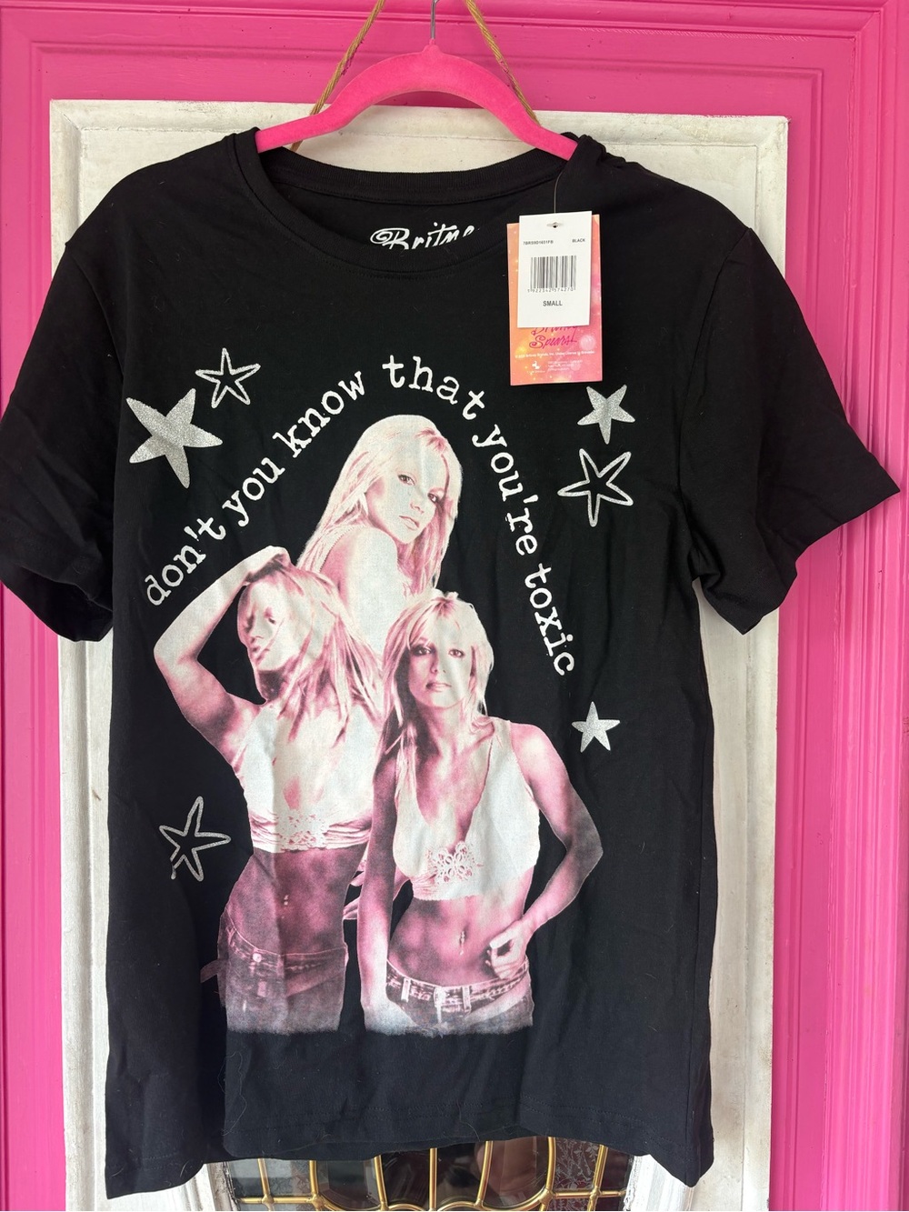 Black Graphic Tee with Pink Photo Print - Womenβs Short Sleeve